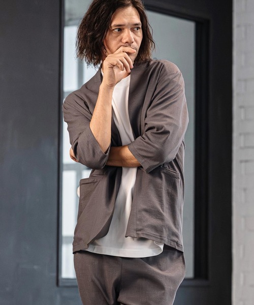 CAMBIO(カンビオ)の「mj11351-Stretch Linen Rayon Buttonless 3-4 Sleeve Jacket 7分袖ジャケット(S65926cmb)(ノーカラージャケット・メンズ・ブラック/ベージュ/チャコール・S/M/L)」の9枚目の写真