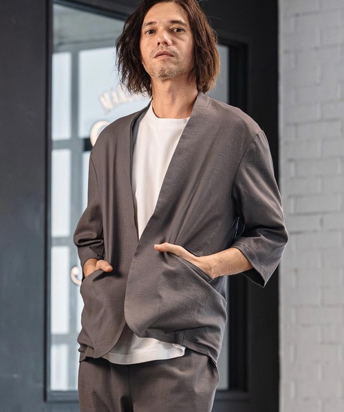 CAMBIO(カンビオ)の「mj11351-Stretch Linen Rayon Buttonless 3-4 Sleeve Jacket 7分袖ジャケット(S65926cmb)(ノーカラージャケット・メンズ・ブラック/ベージュ/チャコール・S/M/L)」の10枚目の写真