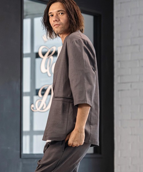 CAMBIO(カンビオ)の「mj11351-Stretch Linen Rayon Buttonless 3-4 Sleeve Jacket 7分袖ジャケット(S65926cmb)(ノーカラージャケット・メンズ・ブラック/ベージュ/チャコール・S/M/L)」の11枚目の写真