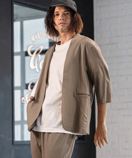 CAMBIO(カンビオ)の「mj11351-Stretch Linen Rayon Buttonless 3-4 Sleeve Jacket 7分袖ジャケット(S65926cmb)(ノーカラージャケット・メンズ・ブラック/ベージュ/チャコール・S/M/L)」の14枚目の写真