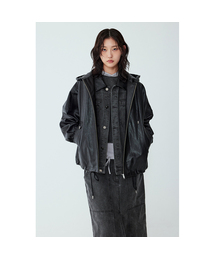 STUDIO TOMBOY（スタジオトムボーイ）の「フードパーカーオーバーサイズ合成皮革ジャンパー_ブラック9175361973（ライダースジャケット）」