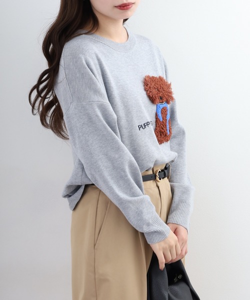 EGLANTINE（エグランティーヌ）の「EGLANTINE 犬モチーフ立体刺繍ニット（ニット/セーター・レディース・シルバーグレー/ベージュ/ネイビー/クリーム/ベビーピンク/サックスブルー・38）」の7枚目の写真