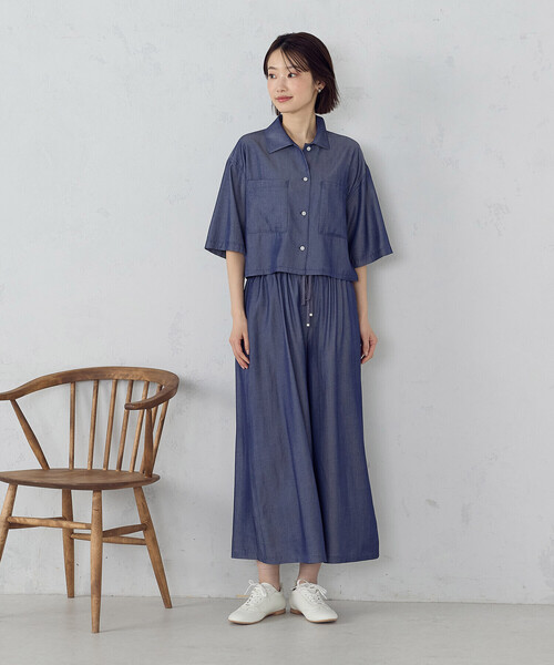 セール】シャンブレー オープンカラー クロップド丈シャツ（シャツ
