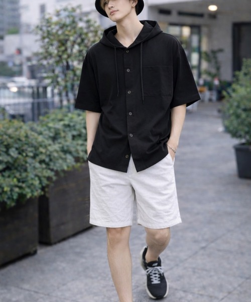 VIBGYOR(ヴィブジョー)の「【Bls】 【ZM】【Bling Leads】梨地フーディボタンシャツ(BL)(シャツ/ブラウス・メンズ・グレイッシュベージュ/グレー系その他/ブラック/オフホワイト・FREE)」の5枚目の写真