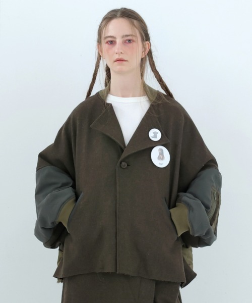 bedsidedrama(ベットサイドドラマ)の「BEDSIDEDRAMA/ベッドサイドドラマ/Dreamin' Mix Poncho Short Coat(その他アウター・レディース・カーキ/ブラック・1/2)」の1枚目の写真