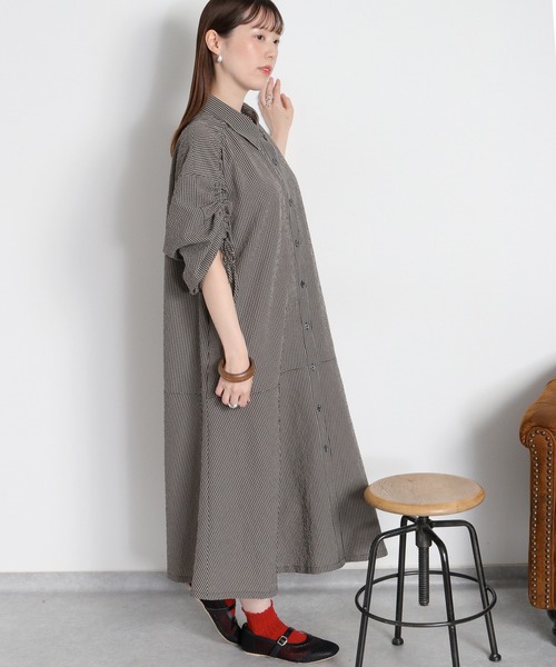 cepo（セポ）の「〈セットアップ対応〉速乾・涼感 リサイクルポリサッカードロストシャツワンピース（シャツワンピース・レディース・チャコールグレー/ホワイト×ブラック/ブラック・M）」の14枚目の写真
