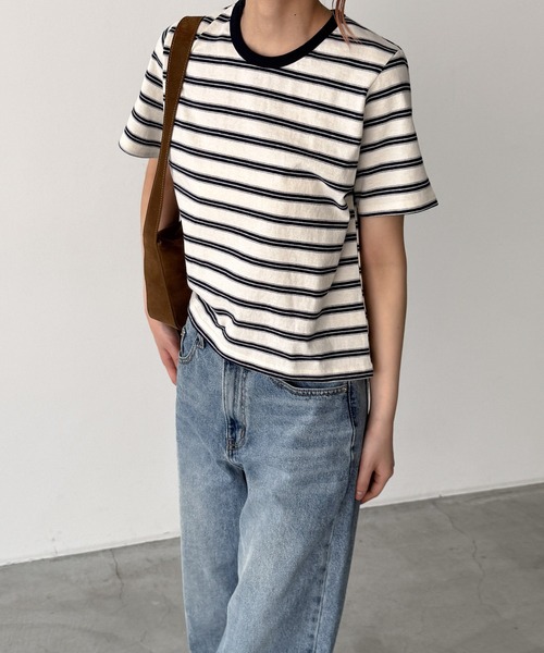 CANAL JEAN（キャナルジーン）の「Lakey Park　マルチボーダーTシャツ（Tシャツ/カットソー・レディース・グレー/アイボリー/グリーン・ONE SIZE）」の4枚目の写真