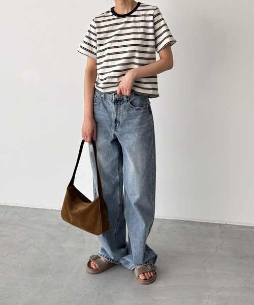 CANAL JEAN（キャナルジーン）の「Lakey Park　マルチボーダーTシャツ（Tシャツ/カットソー・レディース・グレー/アイボリー/グリーン・ONE SIZE）」の6枚目の写真