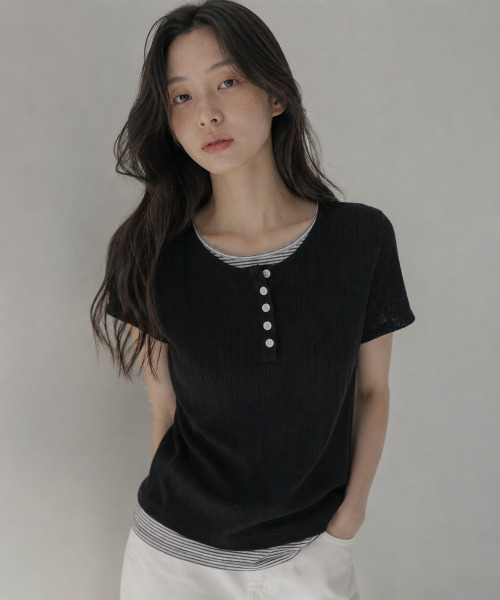 セール】ソフトレイヤードヘンリーネック半袖Tシャツブラック（Tシャツ