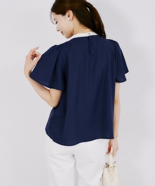 tocco closet(トッコ クローゼット)の「【ZOZO限定】ネックビジューチェーン装飾アソートデザイン配色半袖ボウタイブラウス(シャツ/ブラウス・レディース・ネイビー/ブラック/その他/オフホワイト・M)」の9枚目の写真