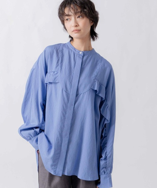 WHYTO.（ホワイト）の「「WHYTO. / ホワイト」curve frill stripe blouse（シャツ/ブラウス・レディース・ブルー/ピンク・36/38）」の4枚目の写真