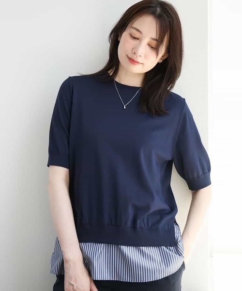 OFUON le MK(オフオンルエムケー)の「レイヤード風ストライプ切替ニットプルオーバー/UVカット/接触冷感/洗える/WEB限定サイズあり(ニット/セーター・レディース・ホワイト/ネイビー・36/38)」の2枚目の写真