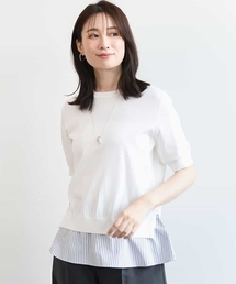 レイヤード風ストライプ切替ニットプルオーバー/UVカット/接触冷感/洗える/WEB限定サイズあり