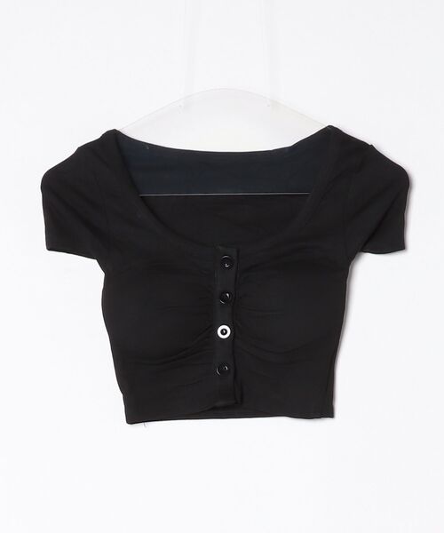 tinkerend(ティンカーエンド)の「Henley Neck Cropped T-shirt / ヘンリーネッククロップドTシャツ(Tシャツ/カットソー・レディース・ライトグレー/ブラック・FREE)」の6枚目の写真