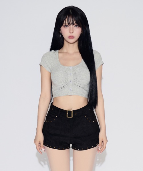 tinkerend(ティンカーエンド)の「Henley Neck Cropped T-shirt / ヘンリーネッククロップドTシャツ(Tシャツ/カットソー・レディース・ライトグレー/ブラック・FREE)」の11枚目の写真