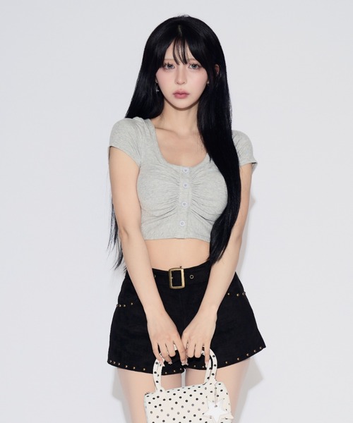 tinkerend(ティンカーエンド)の「Henley Neck Cropped T-shirt / ヘンリーネッククロップドTシャツ(Tシャツ/カットソー・レディース・ライトグレー/ブラック・FREE)」の12枚目の写真