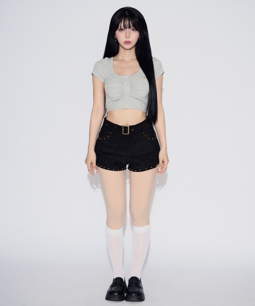 tinkerend(ティンカーエンド)の「Henley Neck Cropped T-shirt / ヘンリーネッククロップドTシャツ(Tシャツ/カットソー・レディース・ライトグレー/ブラック・FREE)」の14枚目の写真
