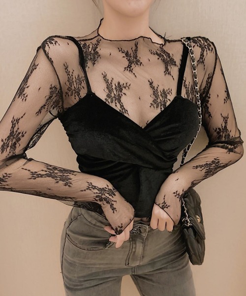 almo(アルモ)の「【456891】レース柄シースルートップス(RO)(その他トップス・レディース・ブラック/ホワイト・FREE)」の2枚目の写真