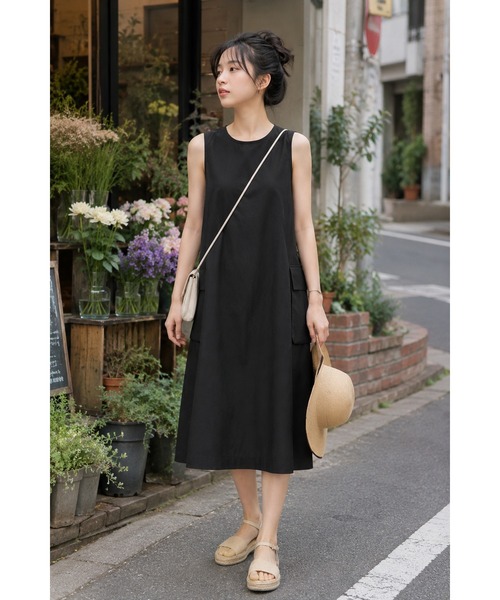 KONVINI(コンビニ)の「【KONVINI select】コットンナイロンカーゴポケットAラインワンピース 大人カジュアル(ジャンパースカート・レディース・ブラック/ベージュ/カーキ・FREE)」の2枚目の写真