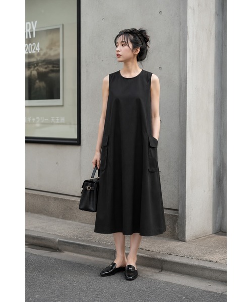 KONVINI(コンビニ)の「【KONVINI select】コットンナイロンカーゴポケットAラインワンピース 大人カジュアル(ジャンパースカート・レディース・ブラック/ベージュ/カーキ・FREE)」の4枚目の写真