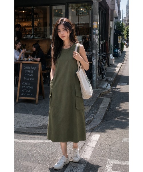 KONVINI(コンビニ)の「【KONVINI select】コットンナイロンカーゴポケットAラインワンピース 大人カジュアル(ジャンパースカート・レディース・ブラック/ベージュ/カーキ・FREE)」の11枚目の写真