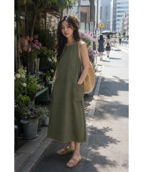 KONVINI(コンビニ)の「【KONVINI select】コットンナイロンカーゴポケットAラインワンピース 大人カジュアル(ジャンパースカート・レディース・ブラック/ベージュ/カーキ・FREE)」の12枚目の写真