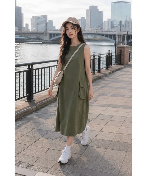 KONVINI(コンビニ)の「【KONVINI select】コットンナイロンカーゴポケットAラインワンピース 大人カジュアル(ジャンパースカート・レディース・ブラック/ベージュ/カーキ・FREE)」の19枚目の写真
