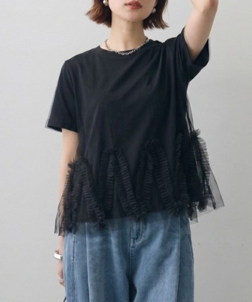 Dream garden(ドリームガーデン)の「チュールドッキングカットソー(Tシャツ/カットソー・レディース・グレー/ホワイト/ブラック・FREE)」の2枚目の写真
