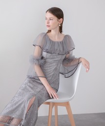 【LEJA】2WAYチュールフリルスパンコールIラインワンピースドレス美脚効果結婚式 パーティードレス 成人式 二次会 同窓会 お呼ばれ オケージョン 20代 30代