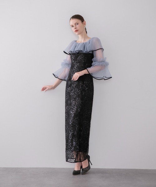 Leja（レジャ）の「【LEJA】2WAYチュールフリルスパンコールIラインワンピースドレス美脚効果結婚式 パーティードレス 成人式 二次会 同窓会 お呼ばれ オケージョン 20代 30代（ドレス・レディース・グレー/ブラック・SMALL/MEDIUM）」の5枚目の写真