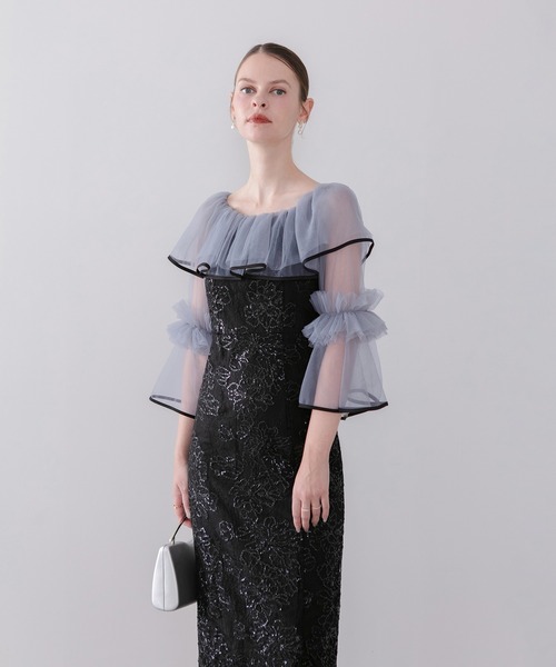 Leja（レジャ）の「【LEJA】2WAYチュールフリルスパンコールIラインワンピースドレス美脚効果結婚式 パーティードレス 成人式 二次会 同窓会 お呼ばれ オケージョン 20代 30代（ドレス・レディース・グレー/ブラック・SMALL/MEDIUM）」の3枚目の写真