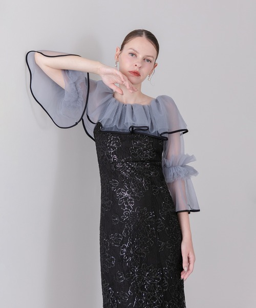 Leja（レジャ）の「【LEJA】2WAYチュールフリルスパンコールIラインワンピースドレス美脚効果結婚式 パーティードレス 成人式 二次会 同窓会 お呼ばれ オケージョン 20代 30代（ドレス・レディース・グレー/ブラック・SMALL/MEDIUM）」の7枚目の写真