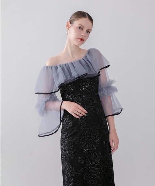 Leja（レジャ）の「【LEJA】2WAYチュールフリルスパンコールIラインワンピースドレス美脚効果結婚式 パーティードレス 成人式 二次会 同窓会 お呼ばれ オケージョン 20代 30代（ドレス・レディース・グレー/ブラック・SMALL/MEDIUM）」の6枚目の写真