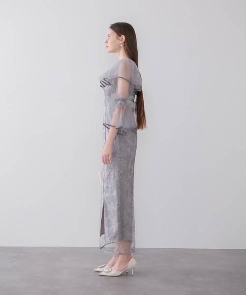 Leja（レジャ）の「【LEJA】2WAYチュールフリルスパンコールIラインワンピースドレス美脚効果結婚式 パーティードレス 成人式 二次会 同窓会 お呼ばれ オケージョン 20代 30代（ドレス・レディース・グレー/ブラック・SMALL/MEDIUM）」の13枚目の写真