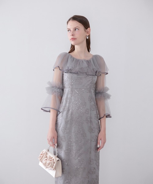 Leja（レジャ）の「【LEJA】2WAYチュールフリルスパンコールIラインワンピースドレス美脚効果結婚式 パーティードレス 成人式 二次会 同窓会 お呼ばれ オケージョン 20代 30代（ドレス・レディース・グレー/ブラック・SMALL/MEDIUM）」の9枚目の写真