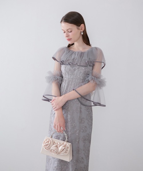 Leja（レジャ）の「【LEJA】2WAYチュールフリルスパンコールIラインワンピースドレス美脚効果結婚式 パーティードレス 成人式 二次会 同窓会 お呼ばれ オケージョン 20代 30代（ドレス・レディース・グレー/ブラック・SMALL/MEDIUM）」の10枚目の写真