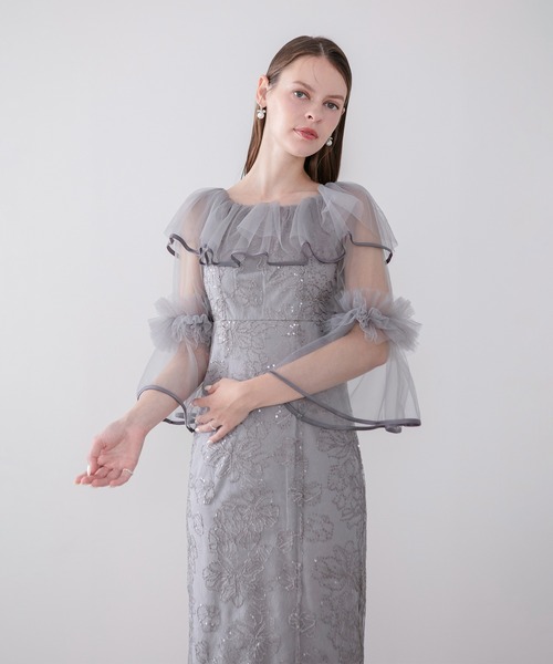 Leja（レジャ）の「【LEJA】2WAYチュールフリルスパンコールIラインワンピースドレス美脚効果結婚式 パーティードレス 成人式 二次会 同窓会 お呼ばれ オケージョン 20代 30代（ドレス・レディース・グレー/ブラック・SMALL/MEDIUM）」の8枚目の写真