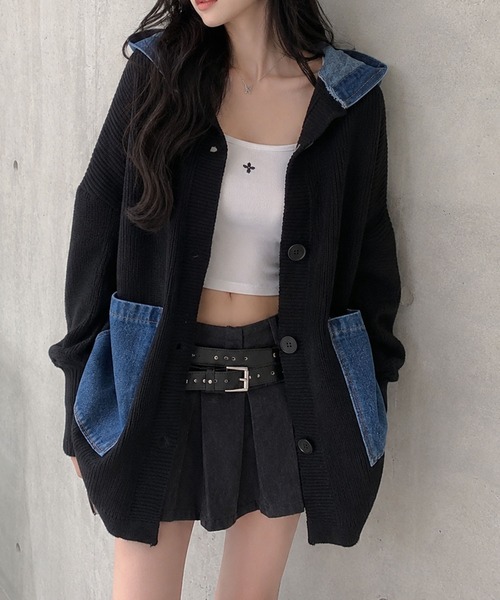 GLAMOROUS JANE(グラマラスジェーン)の「デニムフードニットカーディガン(ニット/セーター・レディース・チャコールグレー/ブラック/ベージュ/アイボリー・FREE)」の3枚目の写真