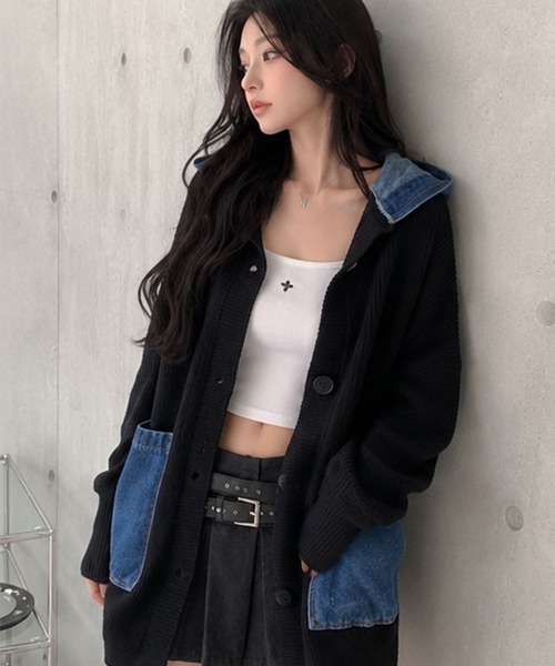 GLAMOROUS JANE(グラマラスジェーン)の「デニムフードニットカーディガン(ニット/セーター・レディース・チャコールグレー/ブラック/ベージュ/アイボリー・FREE)」の10枚目の写真