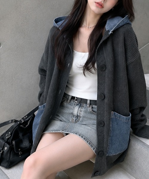 GLAMOROUS JANE(グラマラスジェーン)の「デニムフードニットカーディガン(ニット/セーター・レディース・チャコールグレー/ブラック/ベージュ/アイボリー・FREE)」の12枚目の写真