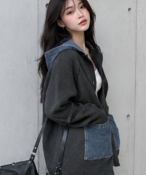 GLAMOROUS JANE(グラマラスジェーン)の「デニムフードニットカーディガン(ニット/セーター・レディース・チャコールグレー/ブラック/ベージュ/アイボリー・FREE)」の14枚目の写真