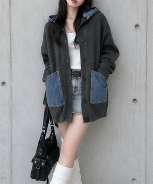 GLAMOROUS JANE(グラマラスジェーン)の「デニムフードニットカーディガン(ニット/セーター・レディース・チャコールグレー/ブラック/ベージュ/アイボリー・FREE)」の15枚目の写真