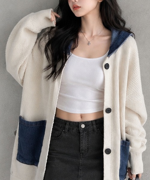 GLAMOROUS JANE(グラマラスジェーン)の「デニムフードニットカーディガン(ニット/セーター・レディース・チャコールグレー/ブラック/ベージュ/アイボリー・FREE)」の6枚目の写真