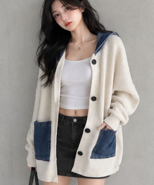 GLAMOROUS JANE(グラマラスジェーン)の「デニムフードニットカーディガン(ニット/セーター・レディース・チャコールグレー/ブラック/ベージュ/アイボリー・FREE)」の7枚目の写真