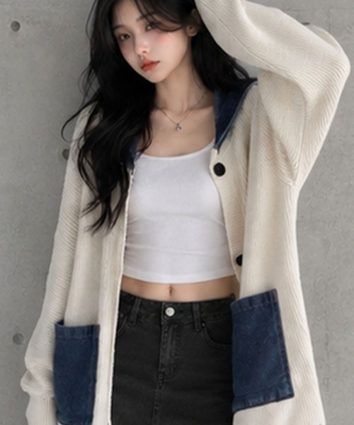 GLAMOROUS JANE(グラマラスジェーン)の「デニムフードニットカーディガン(ニット/セーター・レディース・チャコールグレー/ブラック/ベージュ/アイボリー・FREE)」の8枚目の写真