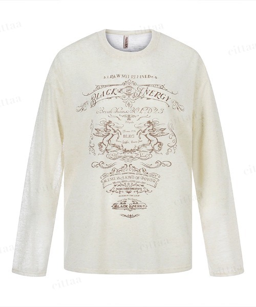 Dalfwin（ダールフィン）の「BLACK ENERGYレトロプリント長袖シアートップス（Tシャツ/カットソー・レディース・グレー/オフホワイト・FREE）」の10枚目の写真