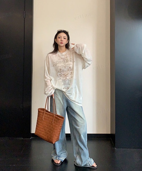 Dalfwin（ダールフィン）の「BLACK ENERGYレトロプリント長袖シアートップス（Tシャツ/カットソー・レディース・グレー/オフホワイト・FREE）」の9枚目の写真