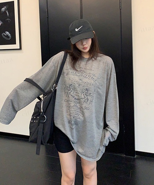 Dalfwin（ダールフィン）の「BLACK ENERGYレトロプリント長袖シアートップス（Tシャツ/カットソー・レディース・グレー/オフホワイト・FREE）」の16枚目の写真