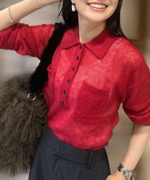 Human 2nd Occasion(ヒューマンセカンドオケージョン)の「シアーニットポロシャツ(ニット/セーター・レディース・チャコールグレー/レッド・FREE)」の3枚目の写真