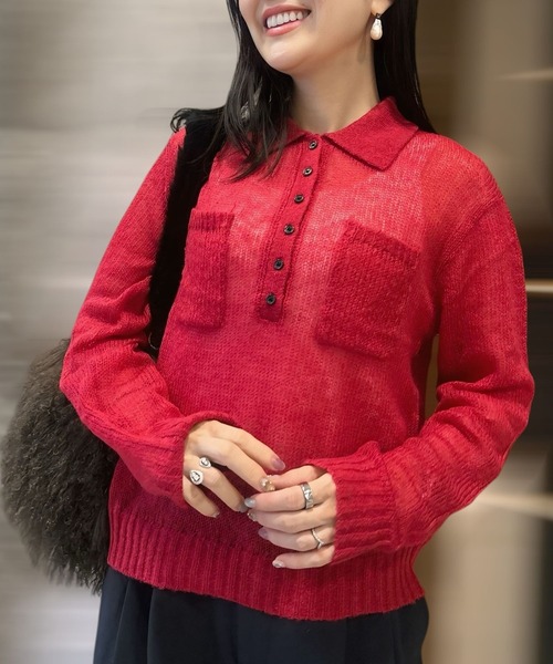 Human 2nd Occasion(ヒューマンセカンドオケージョン)の「シアーニットポロシャツ(ニット/セーター・レディース・チャコールグレー/レッド・FREE)」の4枚目の写真